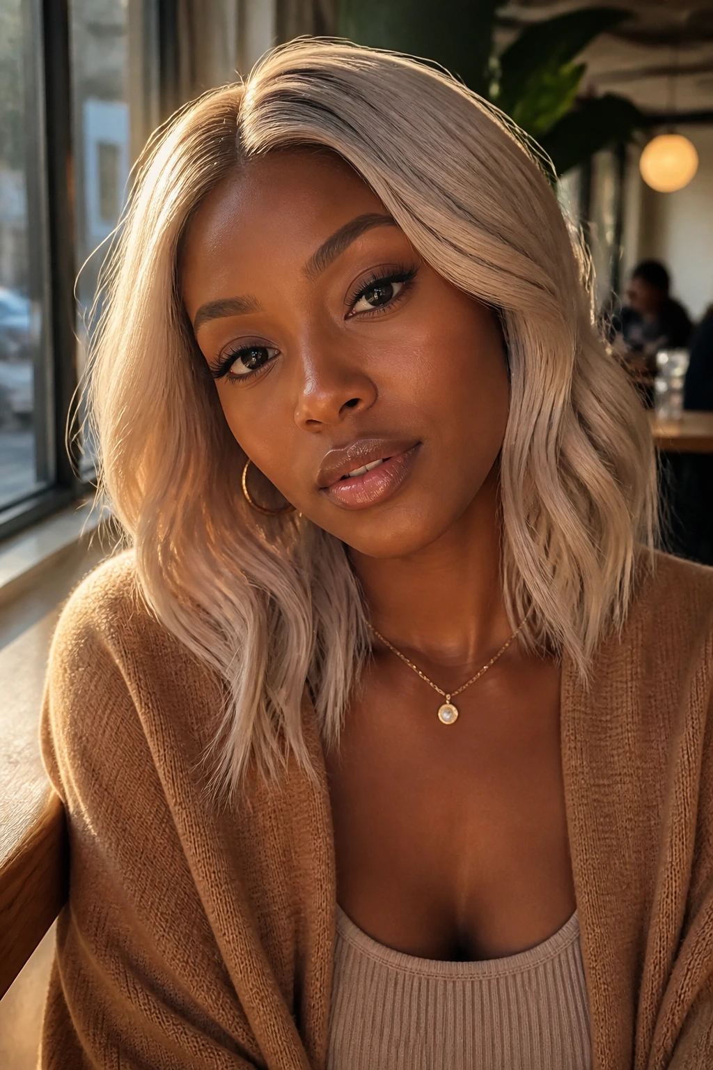 Deep skin model with champagne platinum hair in warm glow