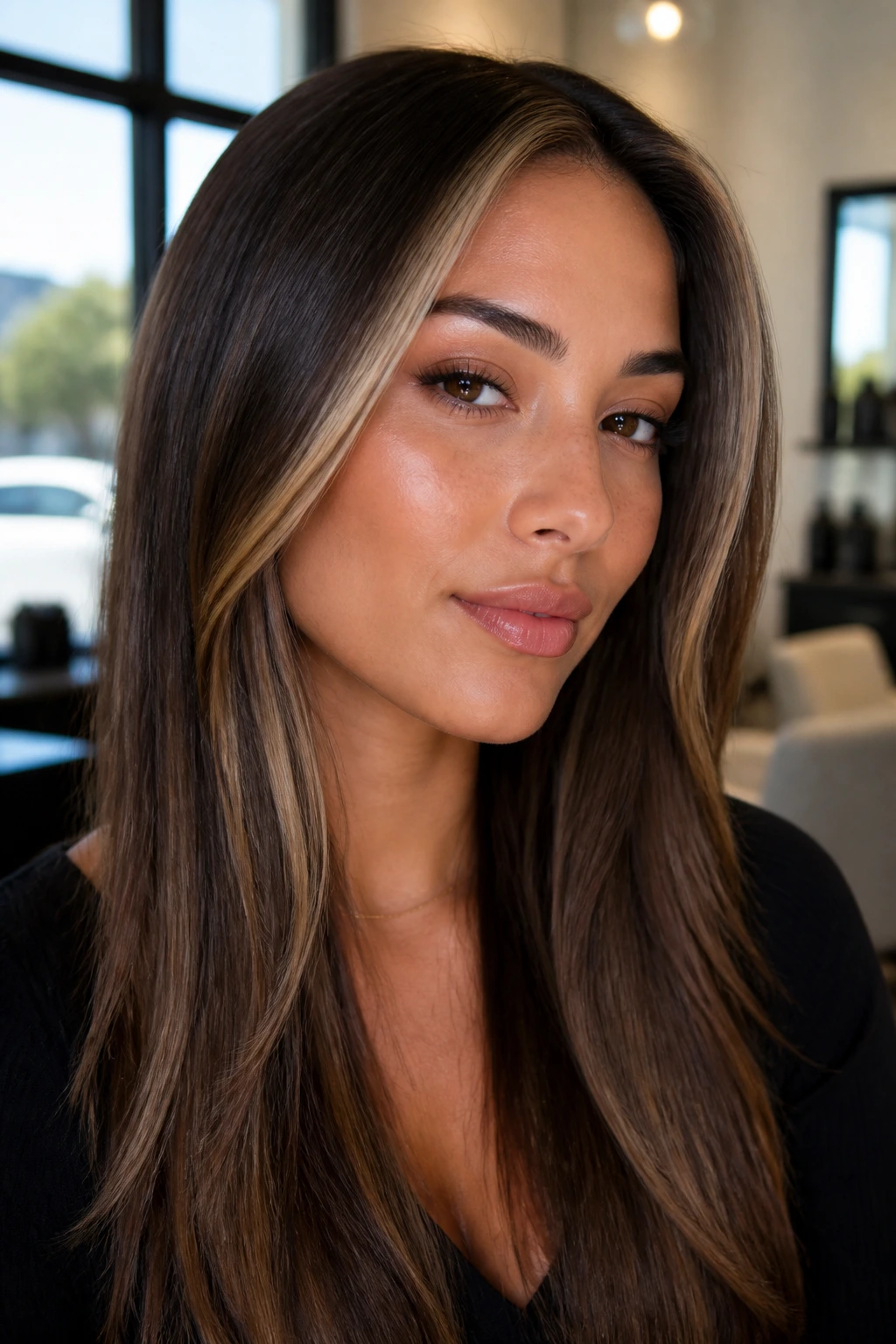 Close-up of a real woman with champagne ribbon highlights on tan skin