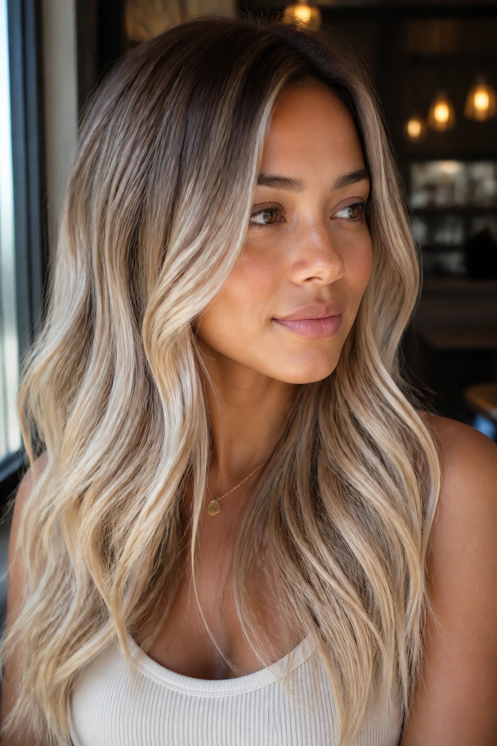 Close-up of champagne ribbon ombre on a real woman's hair