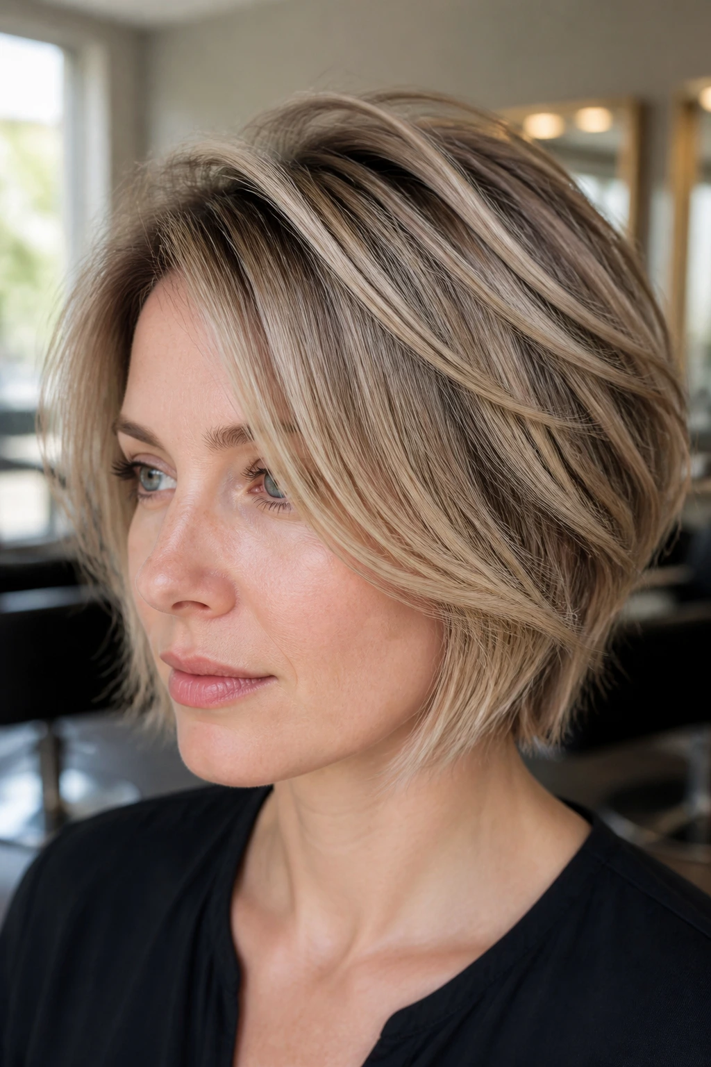 Close-up portrait of a real woman with champagne ribbon highlights on a pixie-lob