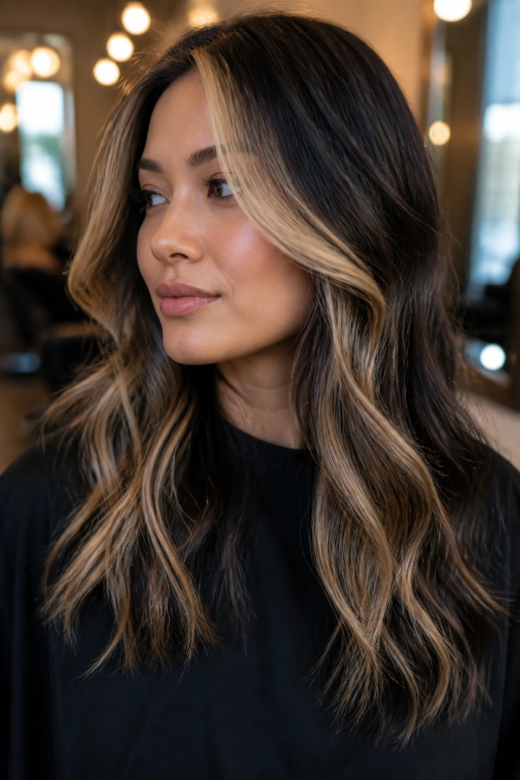 Face-framing champagne ribbons on dark hair of a real woman