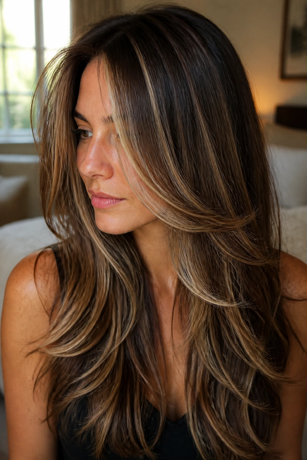 Close-up of brunette hair with champagne ribbons woven through long layered hair