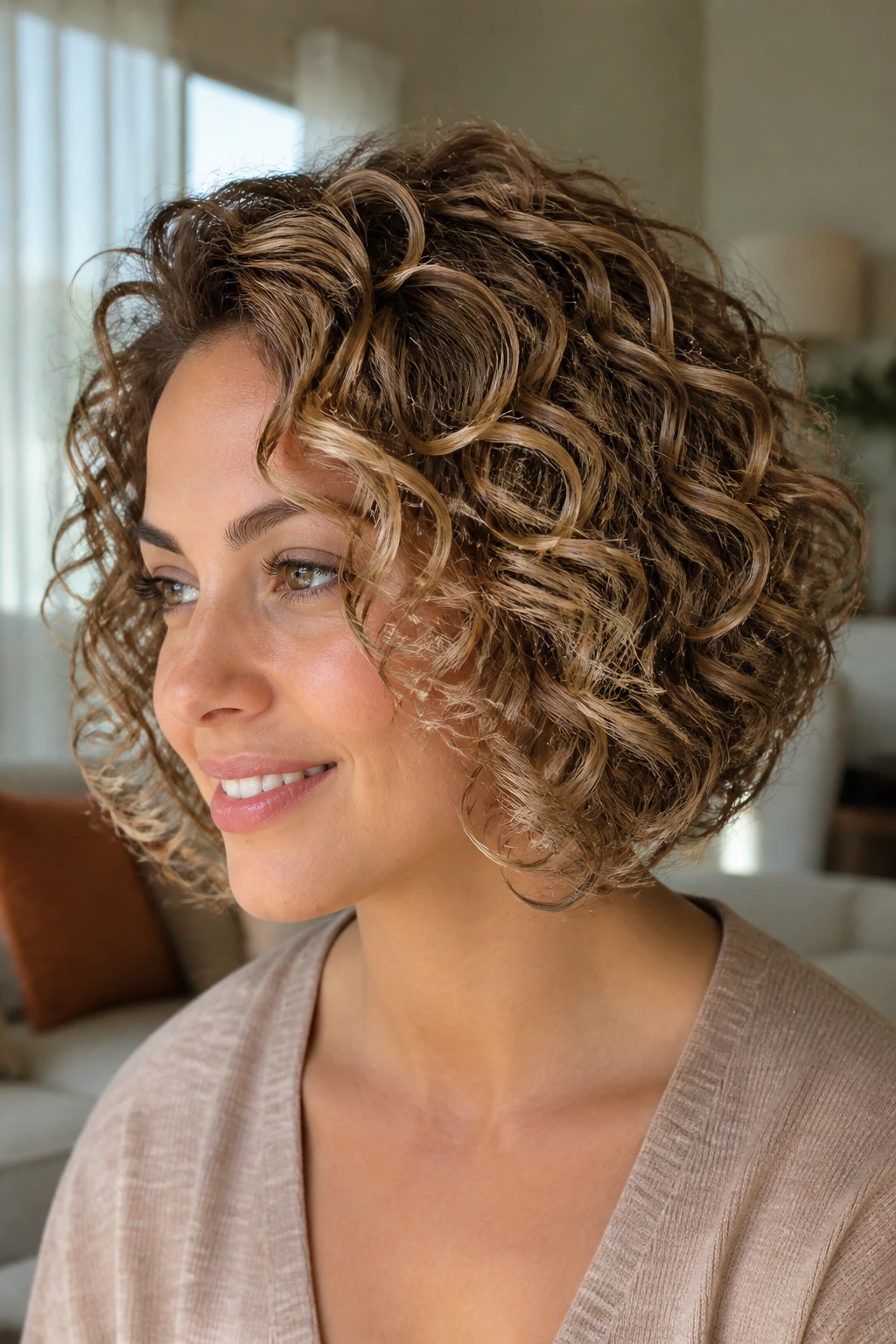 Close-up of champagne-toned babylights on tight curly ringlets of a real person