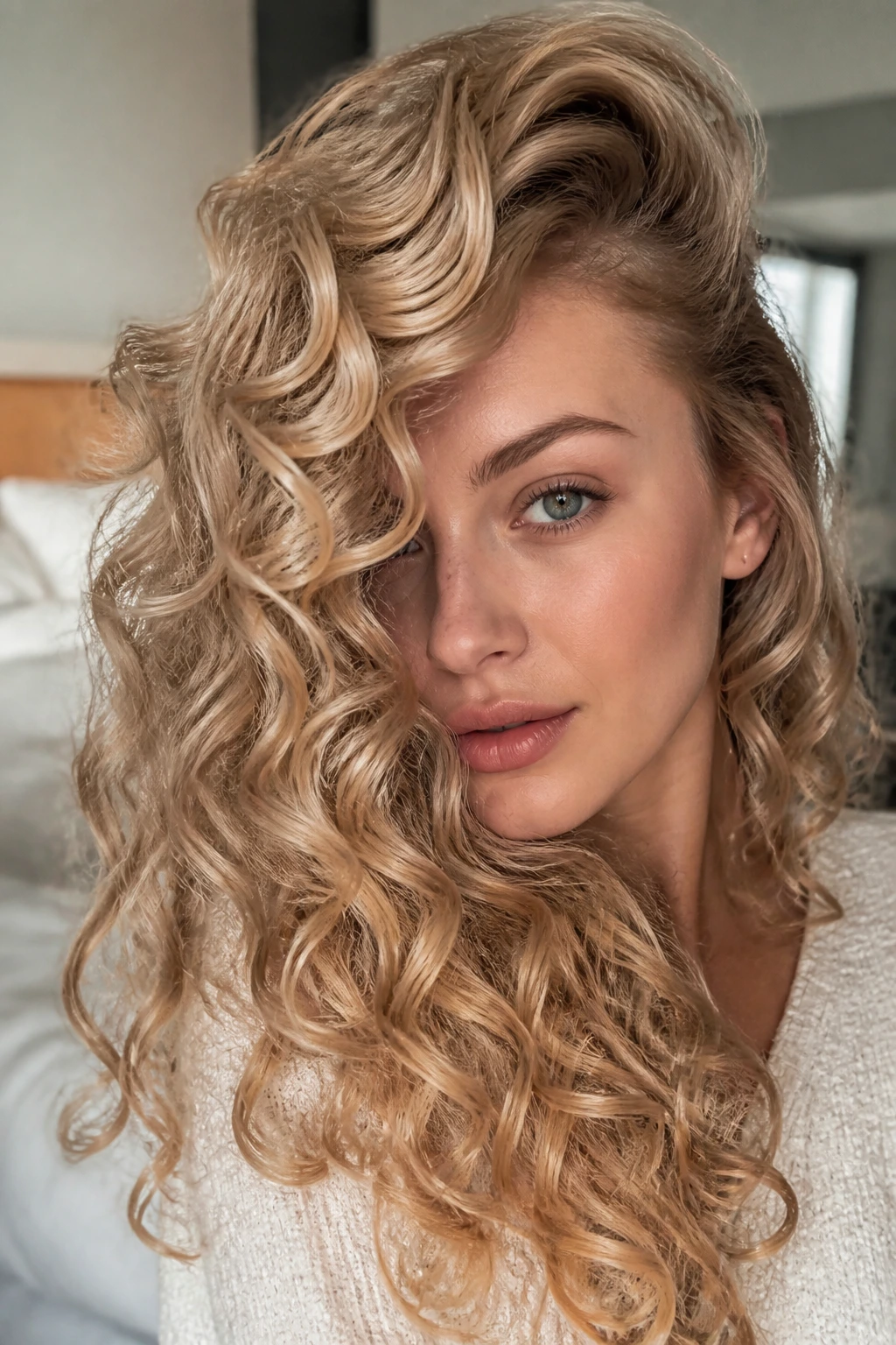Close-up of a real woman with deep side-part champagne ringlets in a softly lit room