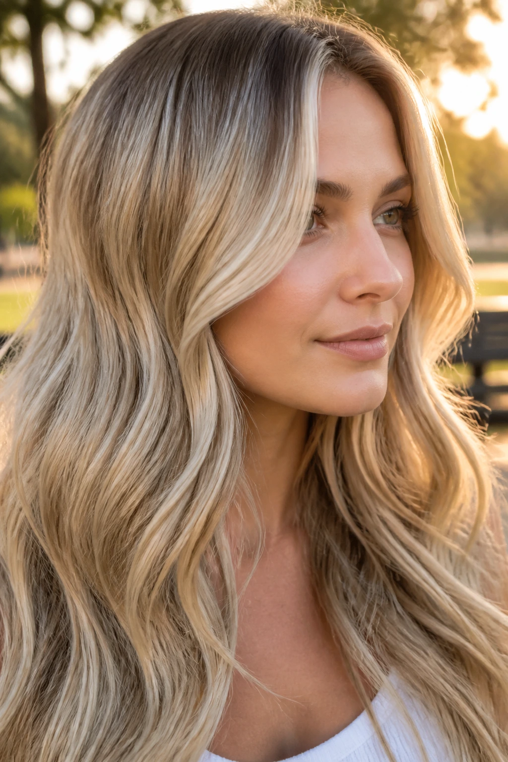 Hair with champagne root melt and beige-gold ribbons in textured waves