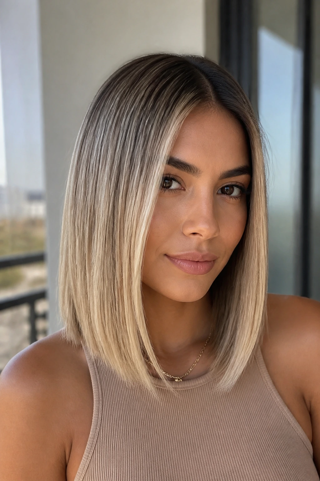 Close-up of a person with sleek mid-length cut and champagne root melt in natural light