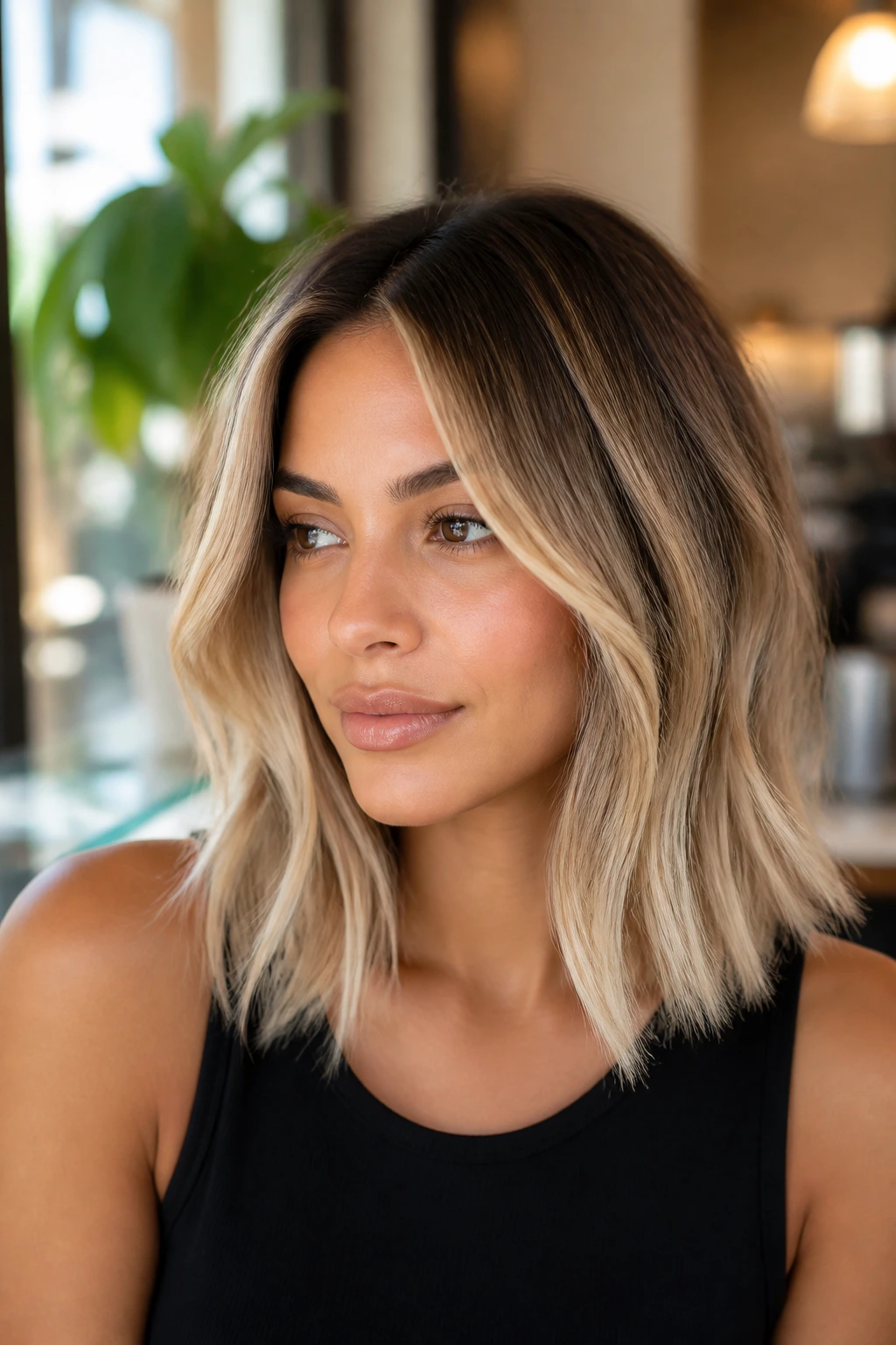 Close-up portrait of a real woman with champagne root-shadow lob hair