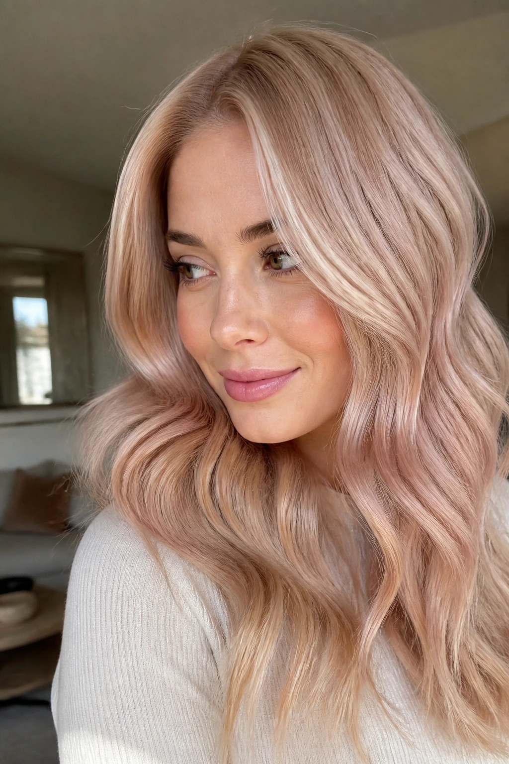 Close-up of a real woman with champagne rose blonde hair and rose-pink babylights