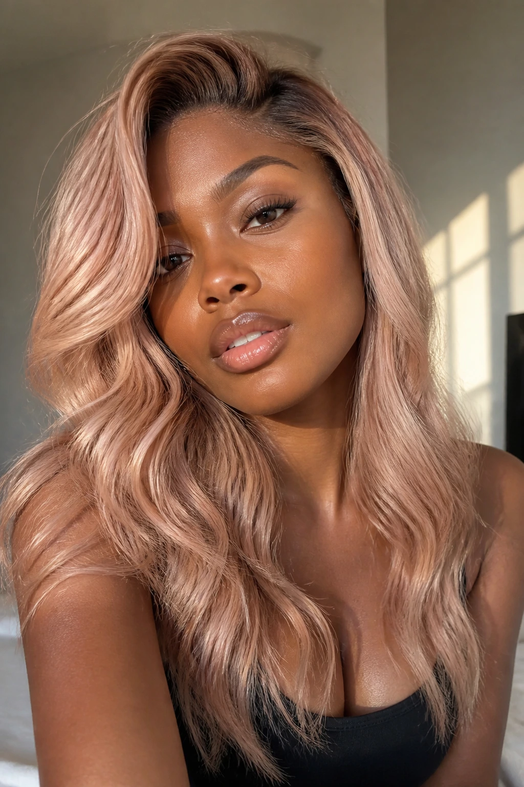 Close-up of a person with champagne rose blonde hair under warm window light