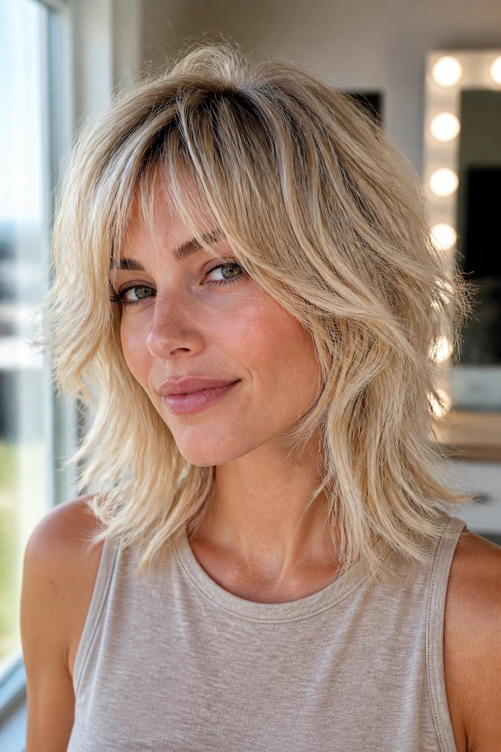 Close-up portrait of a real woman with champagne blonde shag in soft movement.