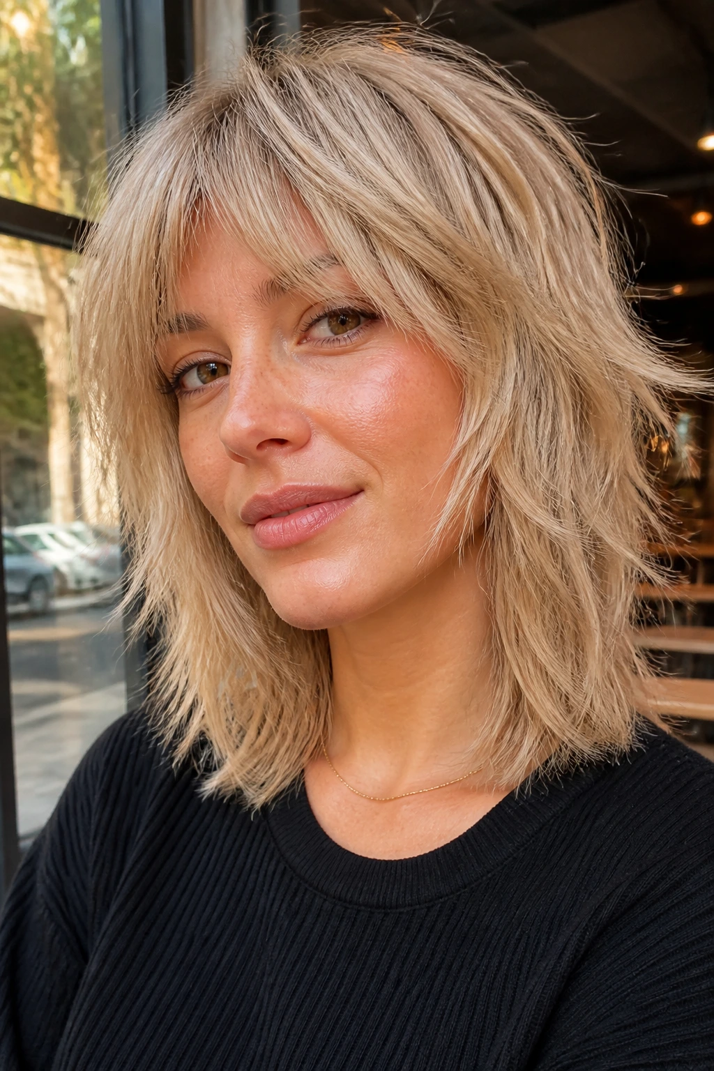 Woman with soft champagne shag hairstyle in natural light