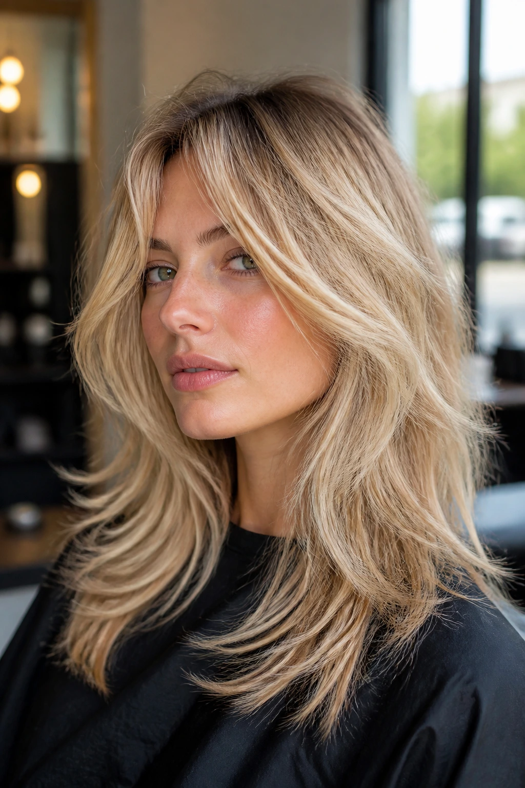 Close-up portrait of a real woman with champagne shag and airy layers showing movement