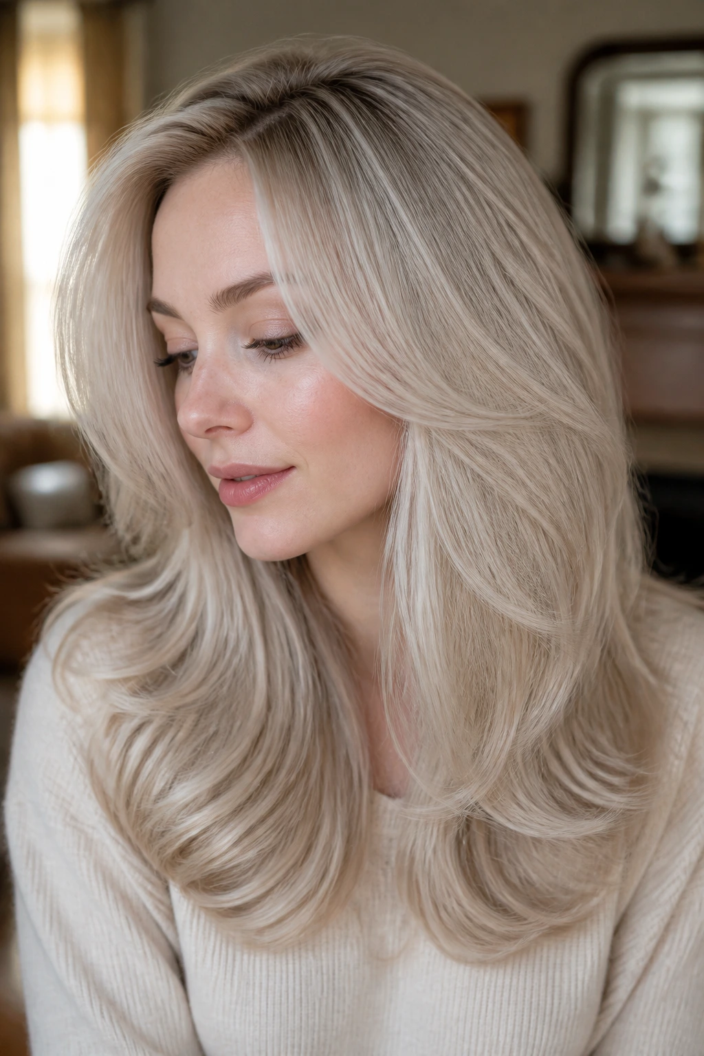 Portrait of a real person with champagne-silver blowout and lifted roots