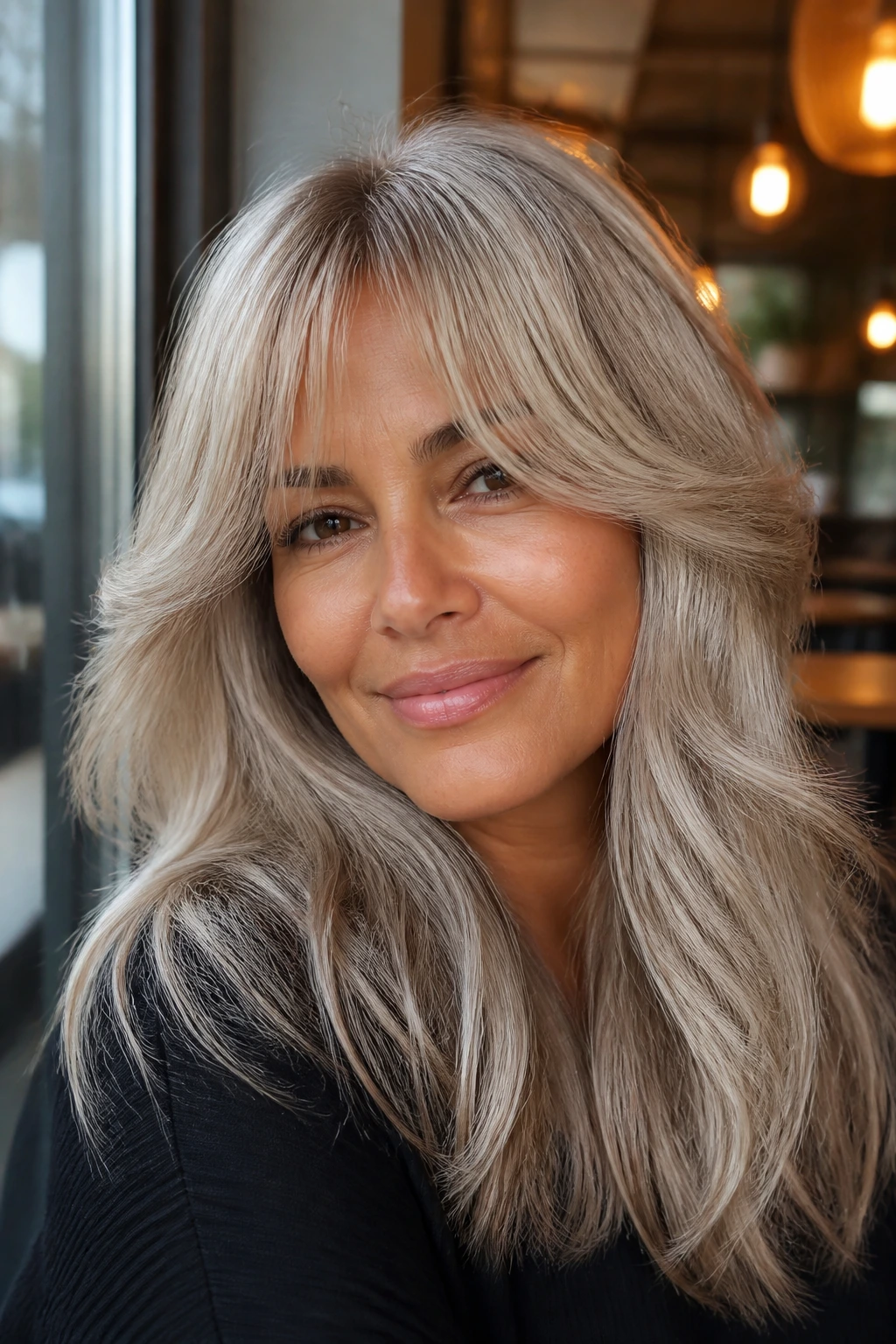 Close-up of a real woman with champagne silver hair and curtain bangs