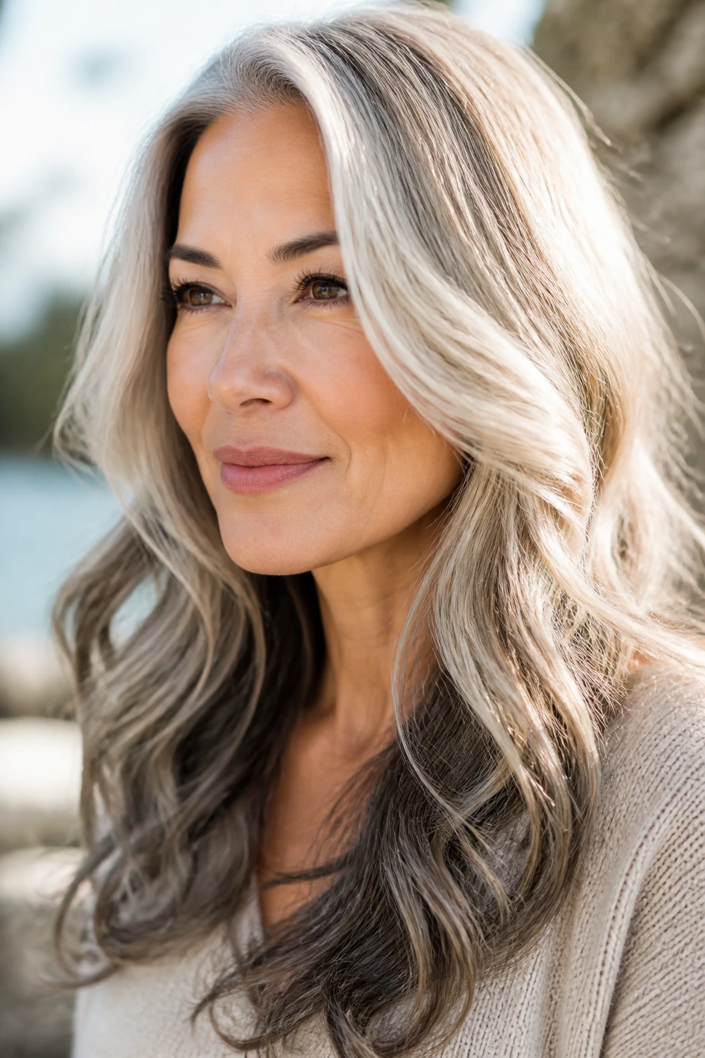 Portrait of woman with champagne to smoky end hair in natural sunlight