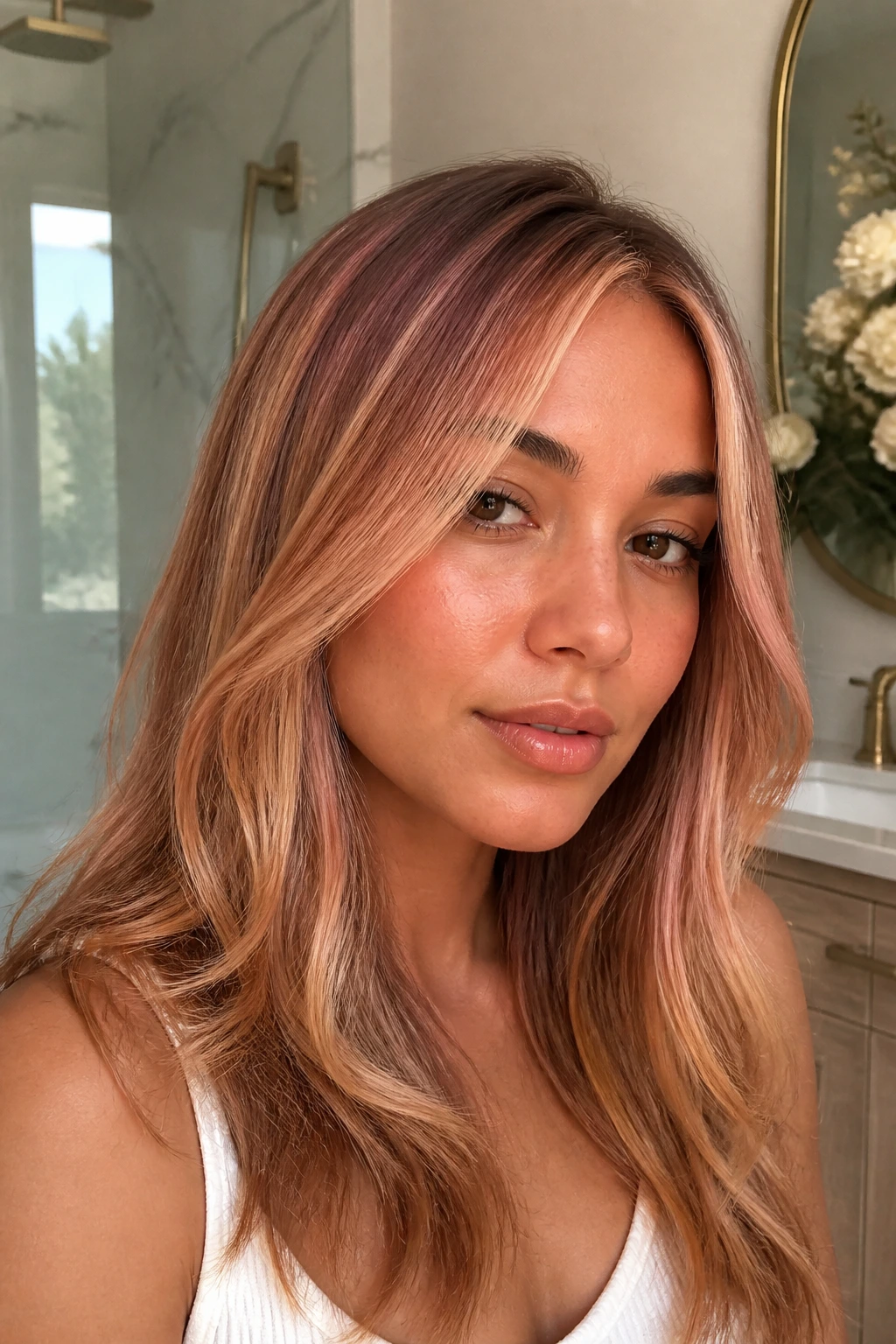 Close-up portrait of a woman with champagne strawberry babylights around the hairline.