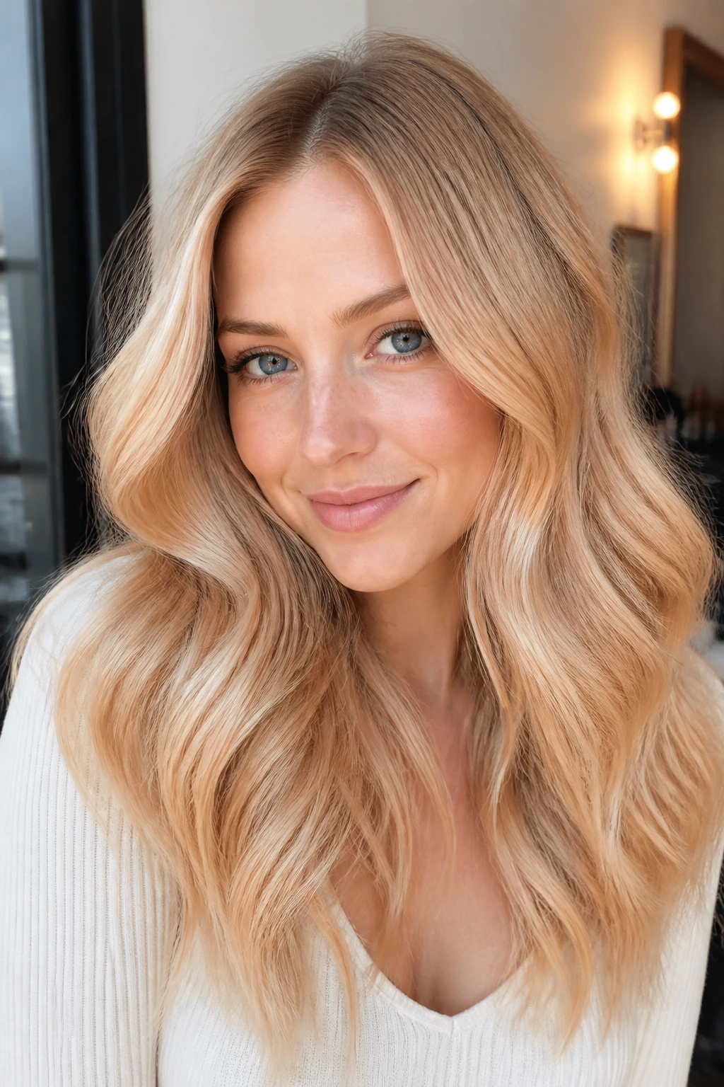 Close-up of a real person with champagne strawberry blonde glossy hair