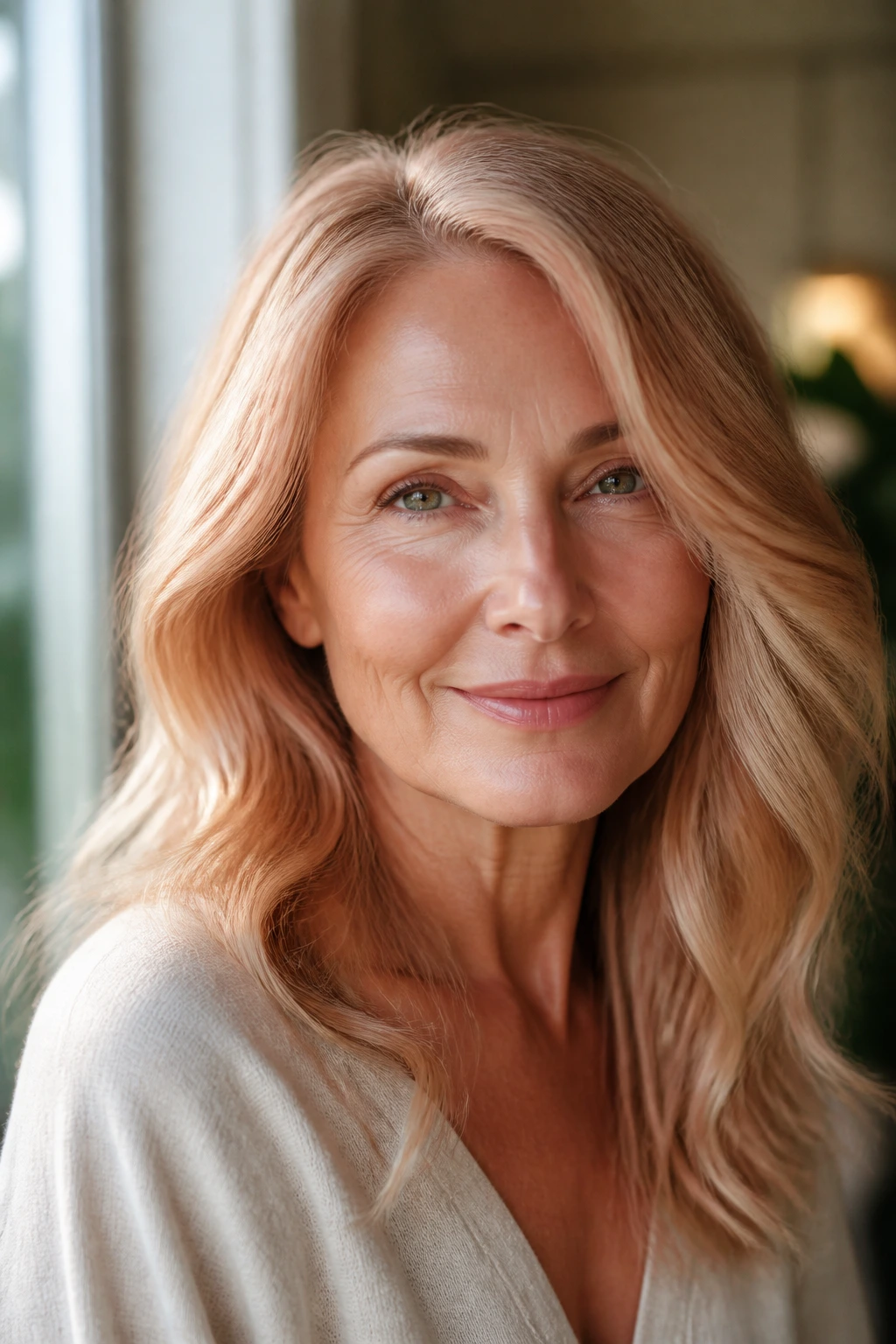Close-up of a real woman with champagne strawberry blonde hair and pink-gold highlights near the face