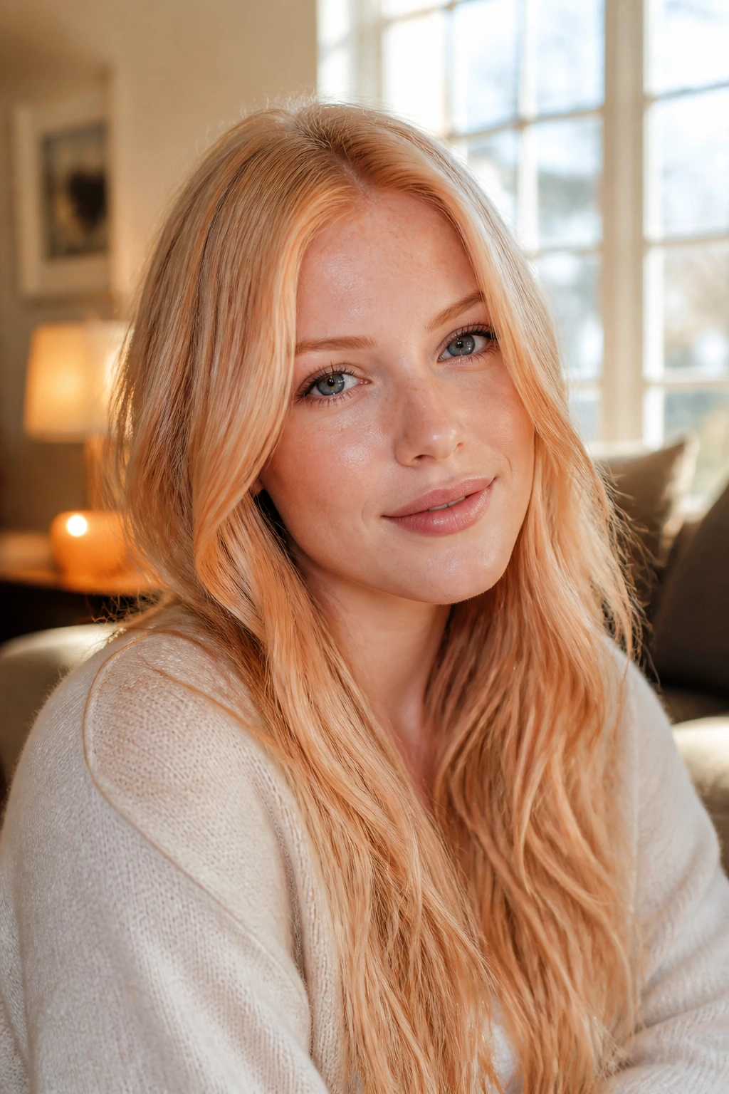 Close-up portrait of a real woman with champagne strawberry blonde hair in soft window light