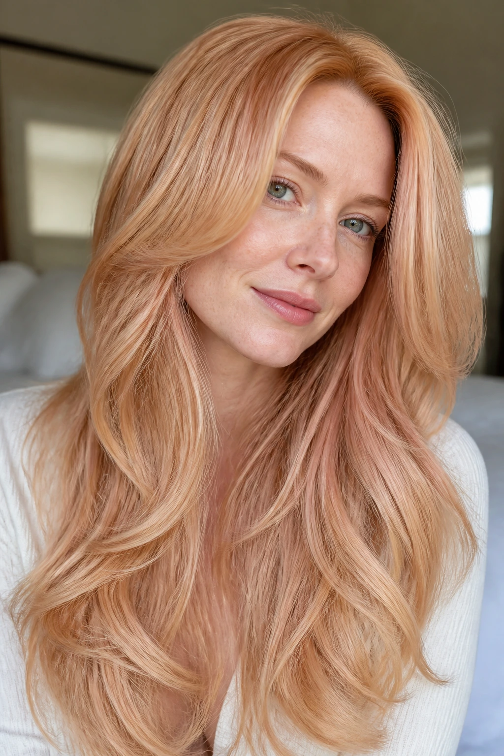 Close-up of a real woman with long cascading layers in champagne strawberry blonde