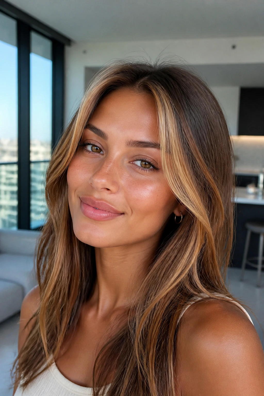 Close-up portrait of a real woman with champagne strawberry face frame near the face