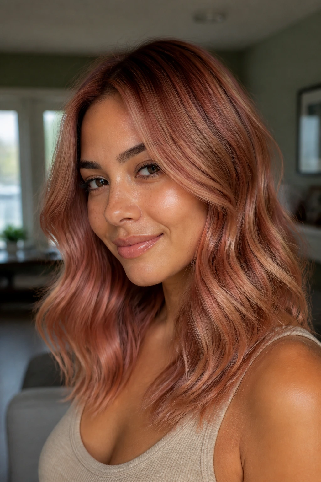 Close-up of a person with champagne strawberry melt hair color.