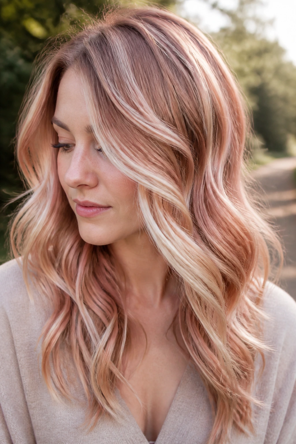 Real woman with champagne swirl highlights following the curl in loose waves