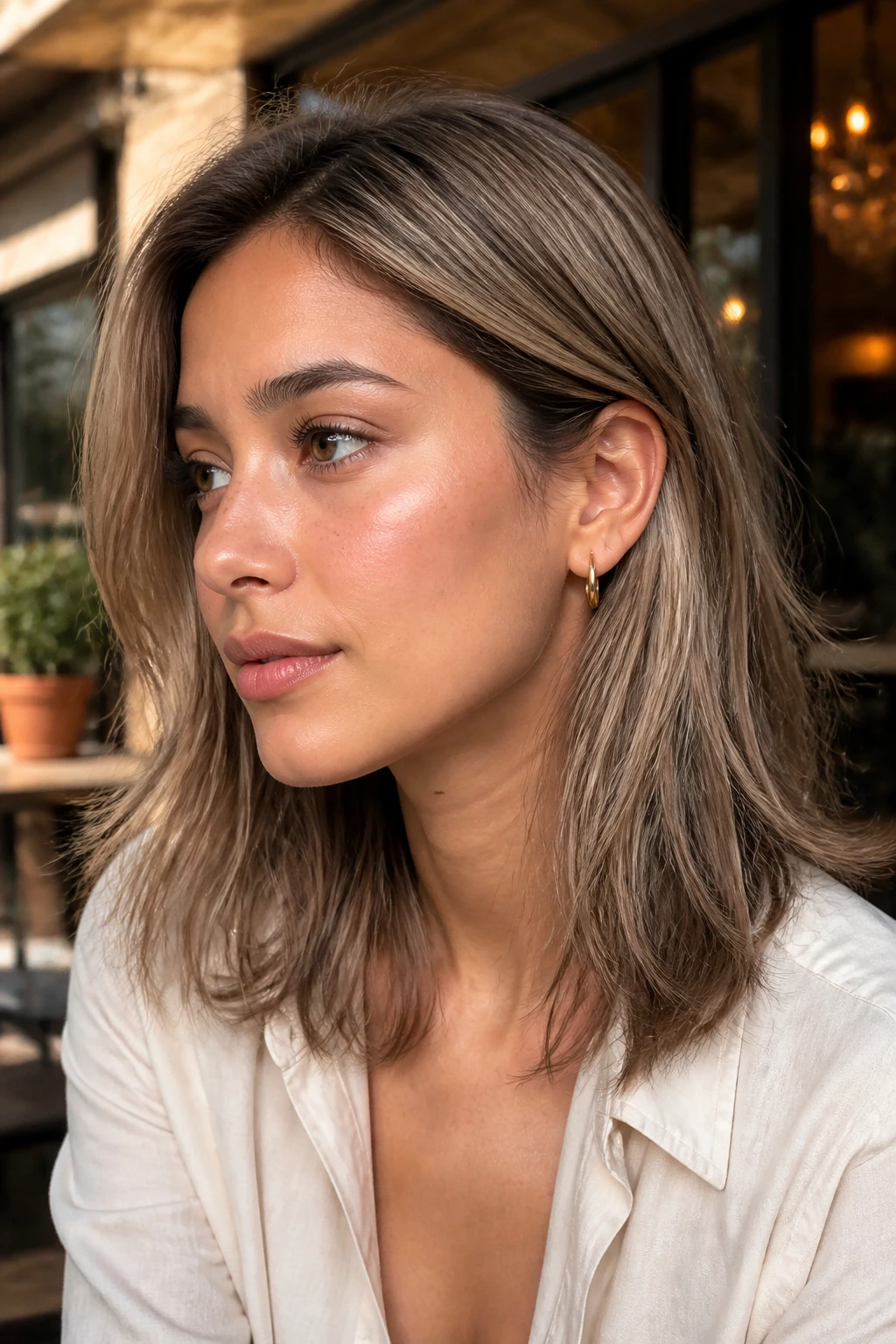 Real person with champagne taupe midlength haircut in a sunny outdoor cafe setting.