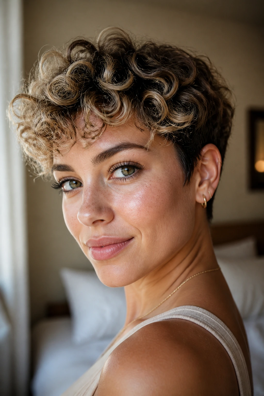 Portrait of a real woman with champagne-tipped curly pixie