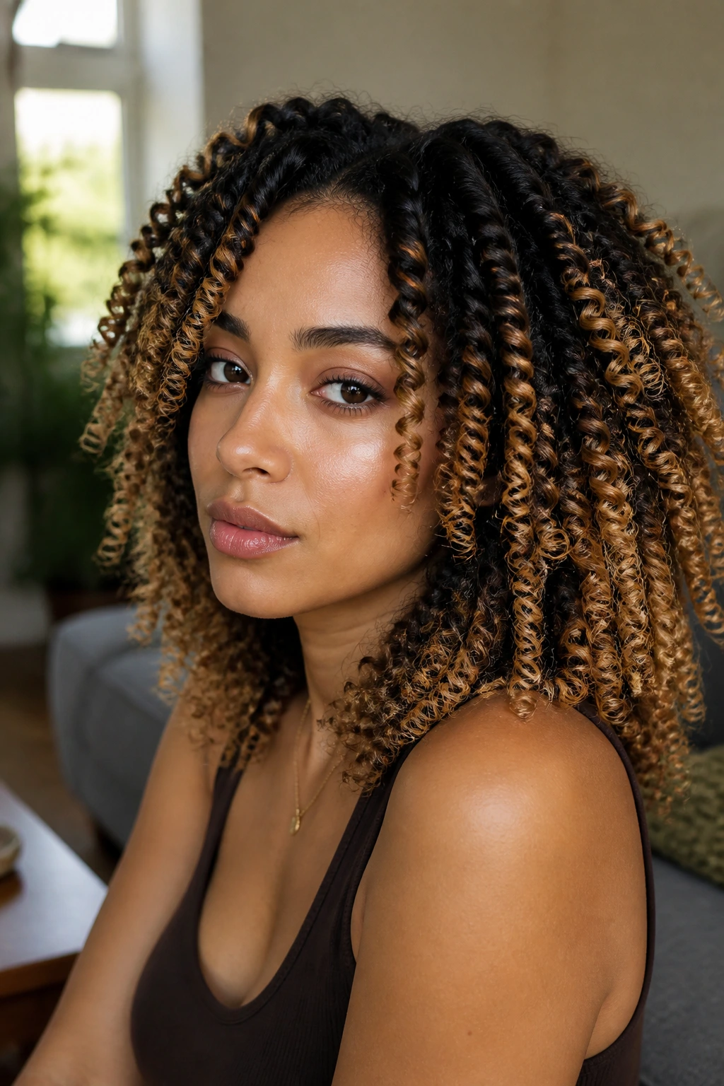 Close-up portrait of a woman with champagne-tinted twist-out ends on olive skin.