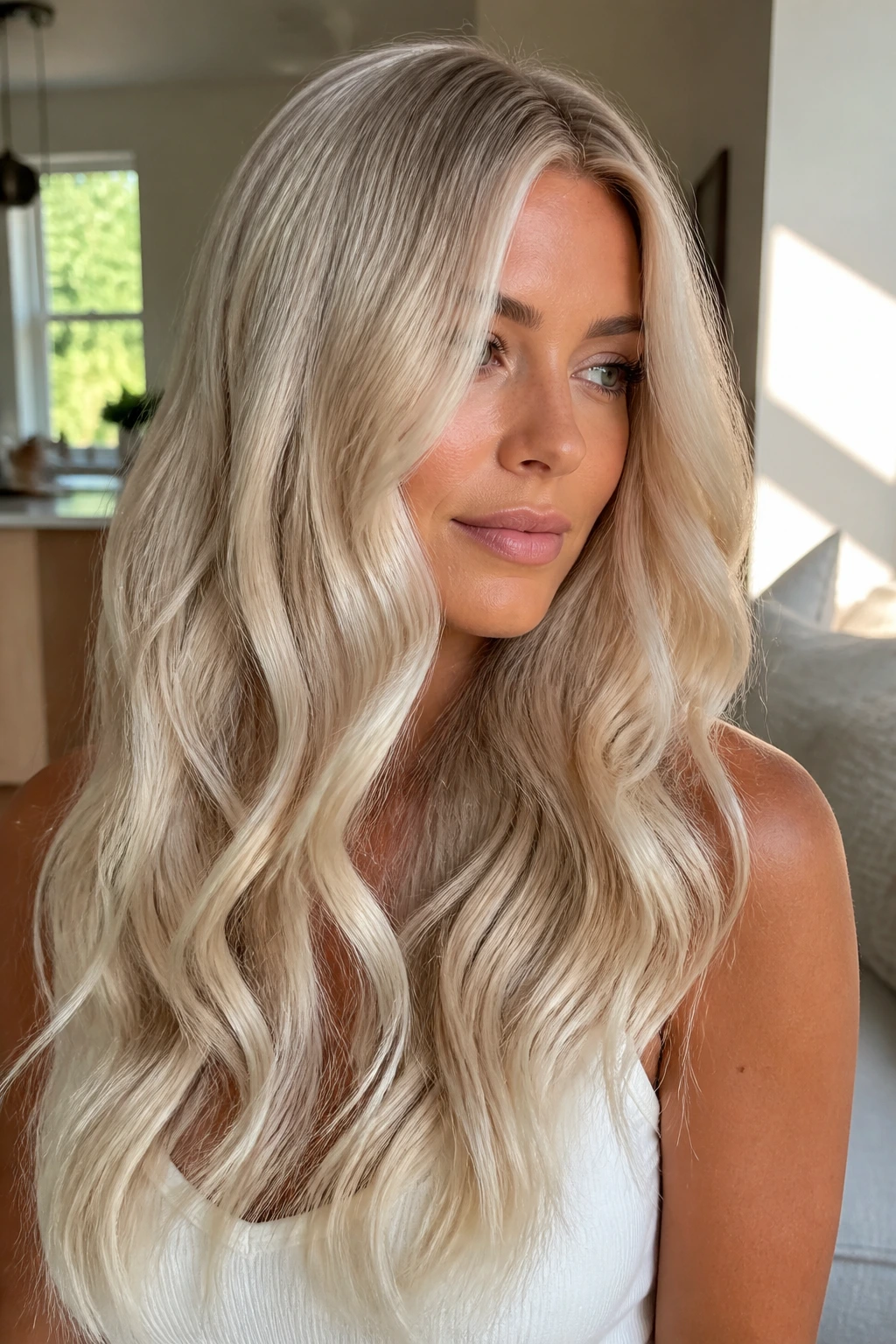 Real person with pale champagne luxe waves hair