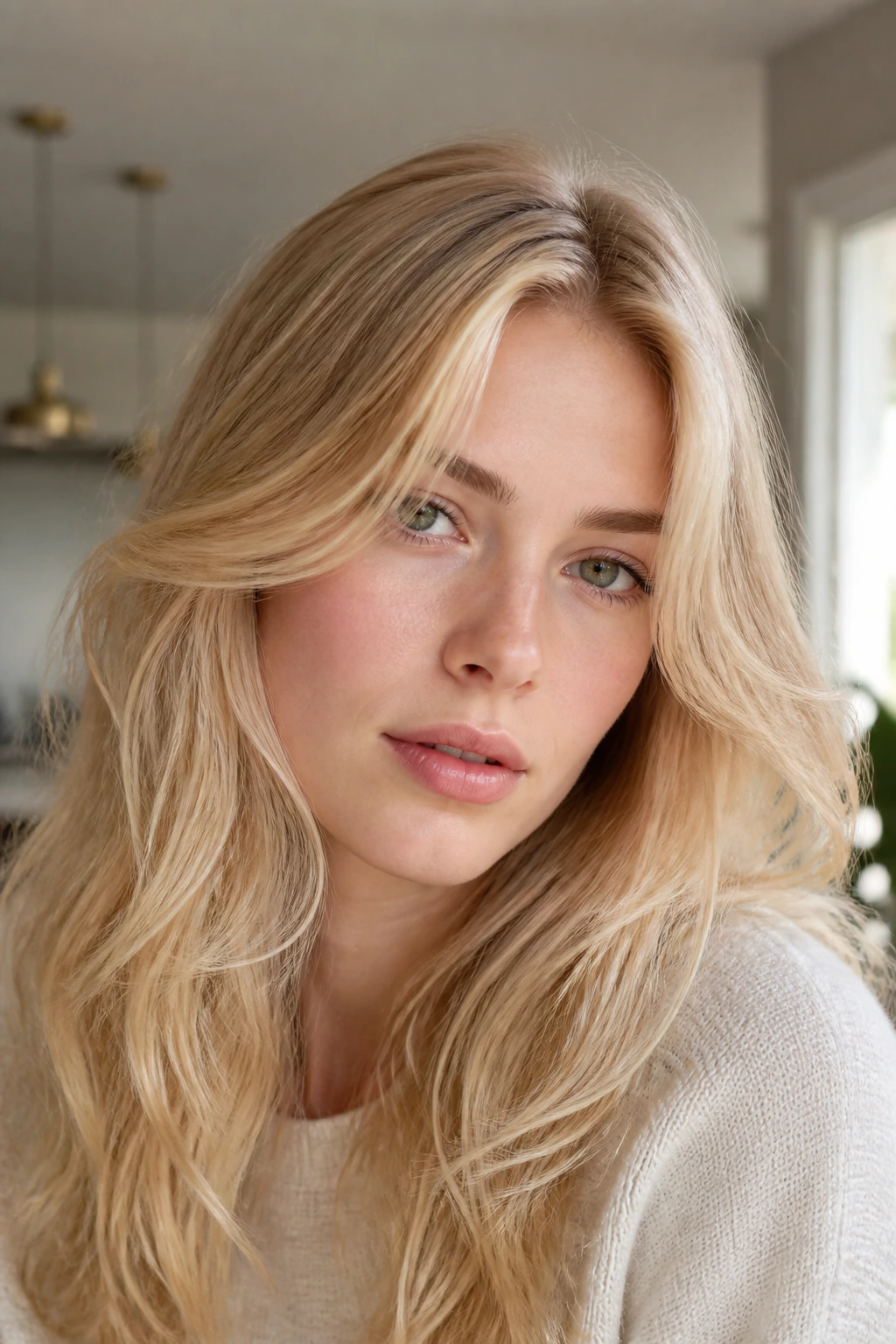 Real person with champagne yellow blonde hair in bright room lighting