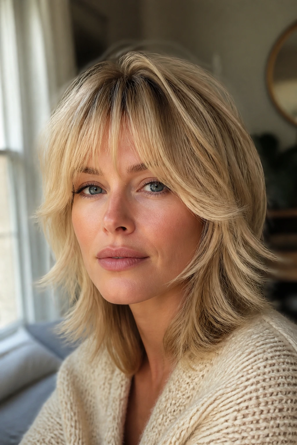Portrait of a woman with chandelier bangs and soft shag framing the face