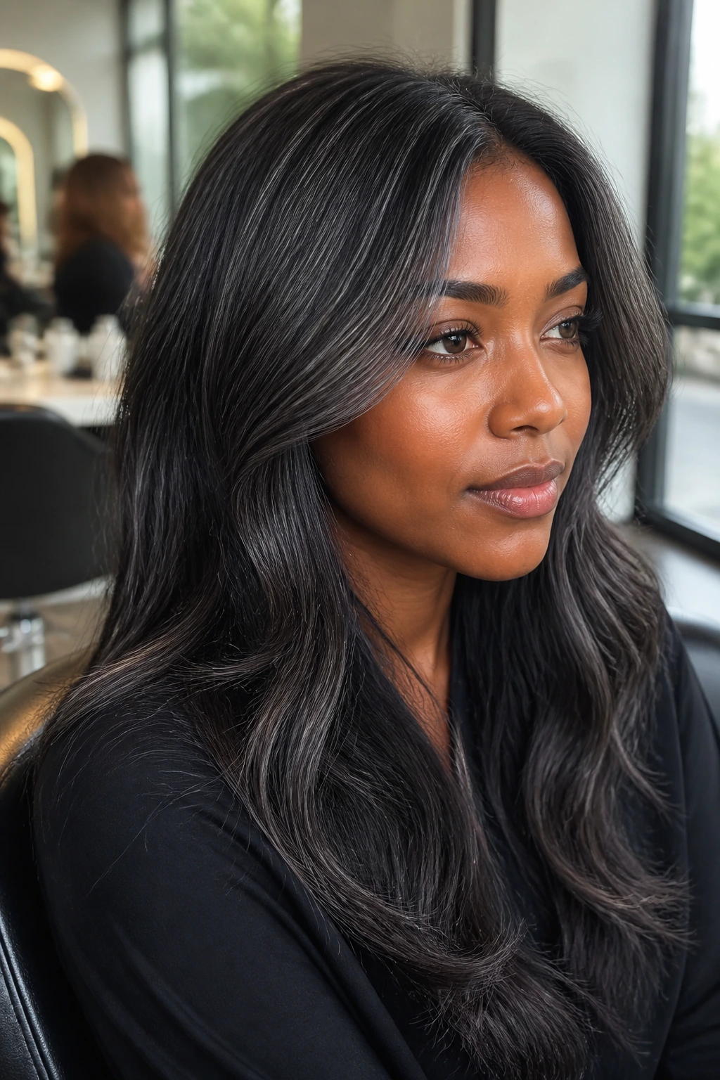 Close-up of a real woman with Charcoal Babylights around the crown