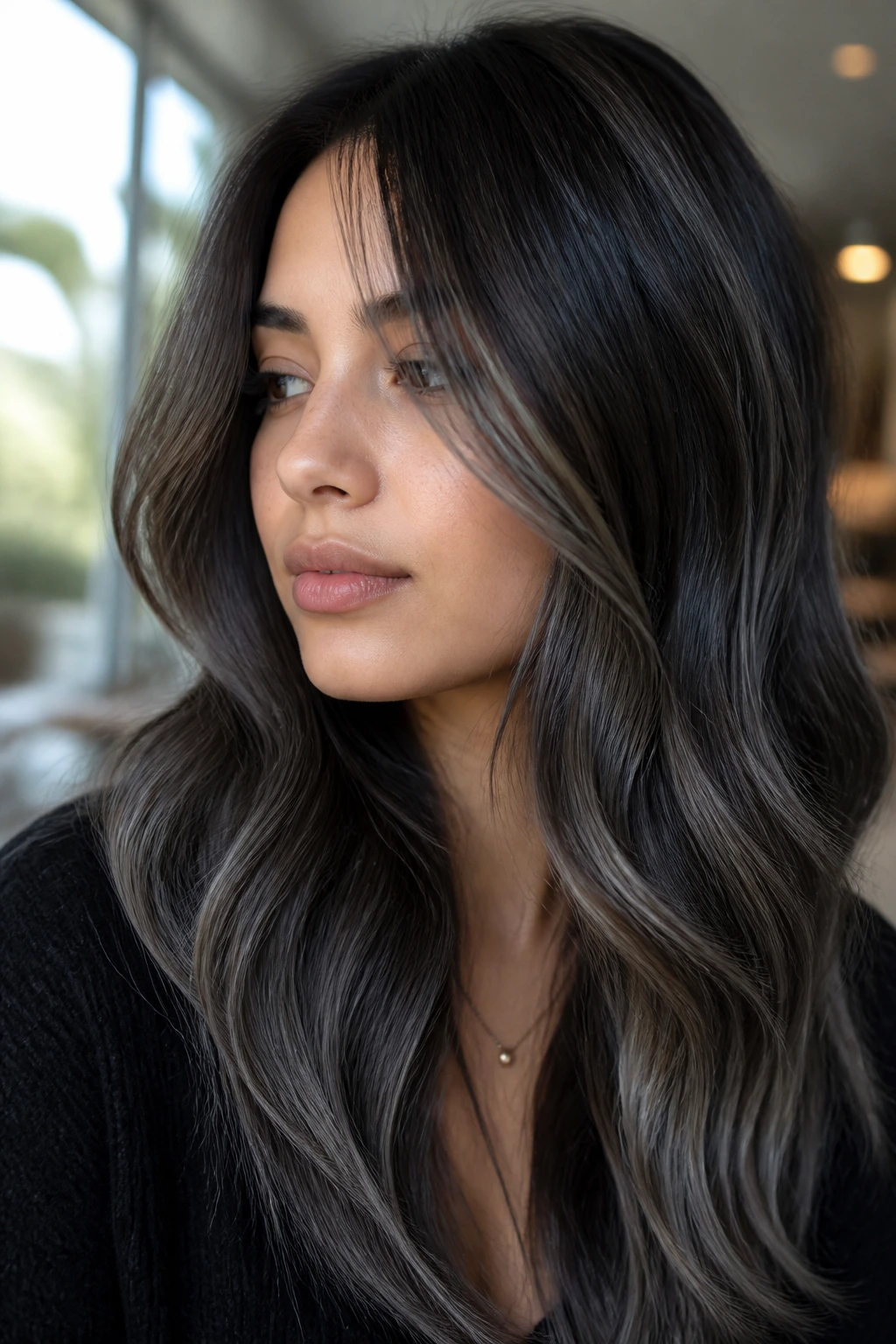 Brunette with charcoal balayage ribbons for movement and coolness