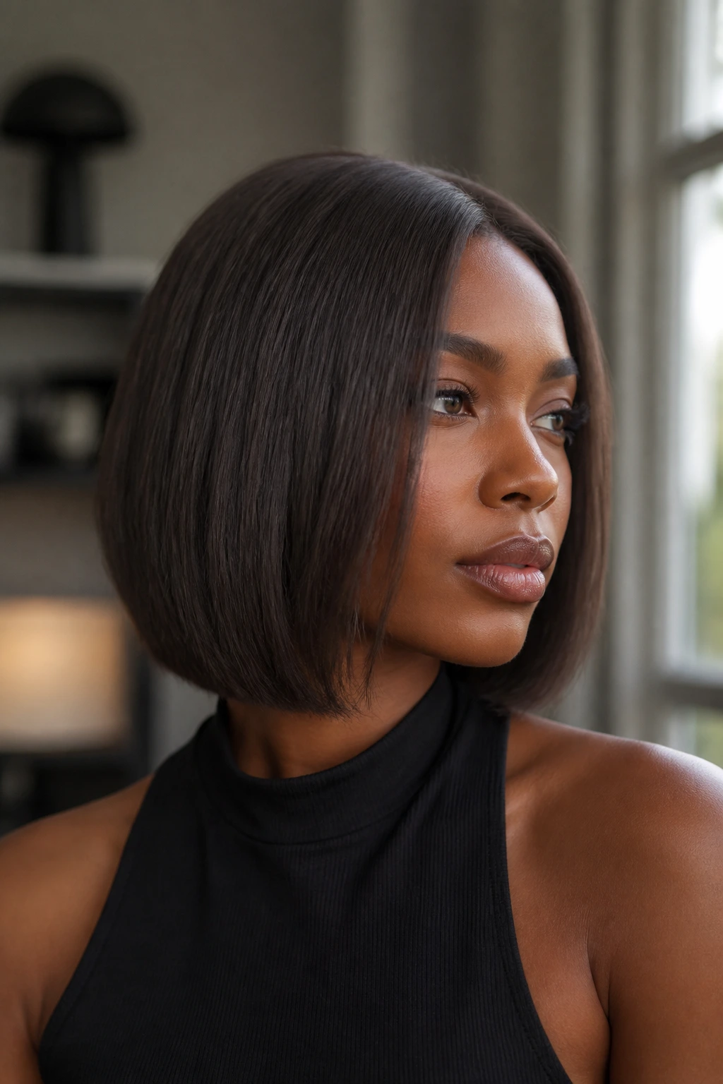 Close-up portrait of a person with a blunt charcoal brown bob.