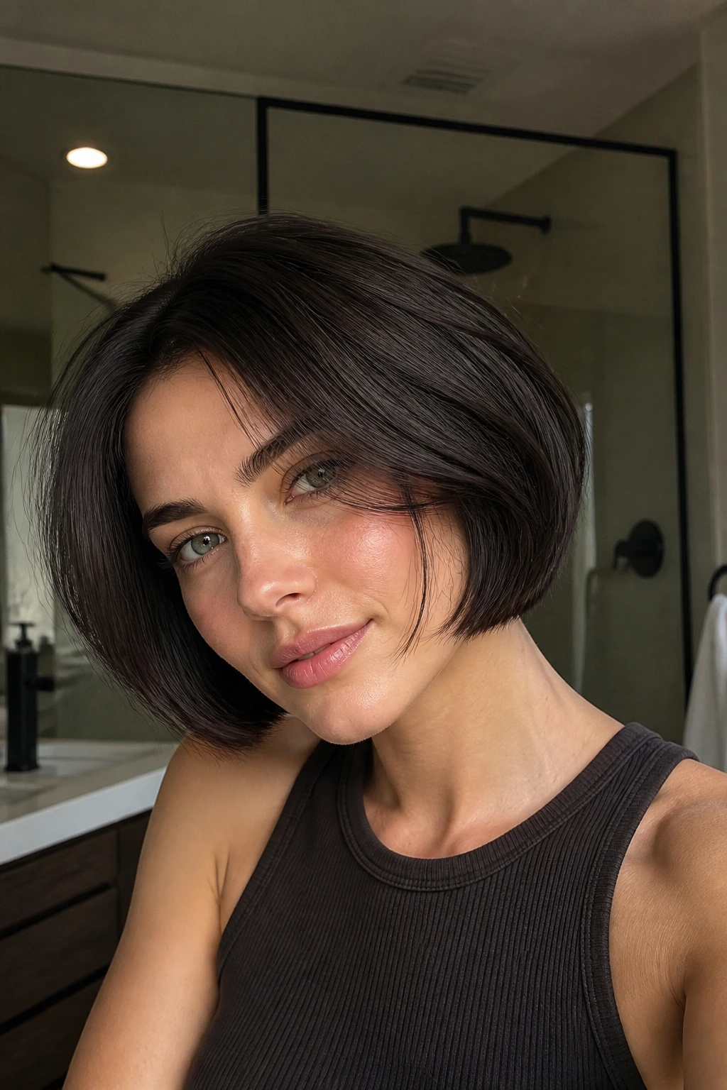 Chin-length bob with charcoal brown depth under the curve