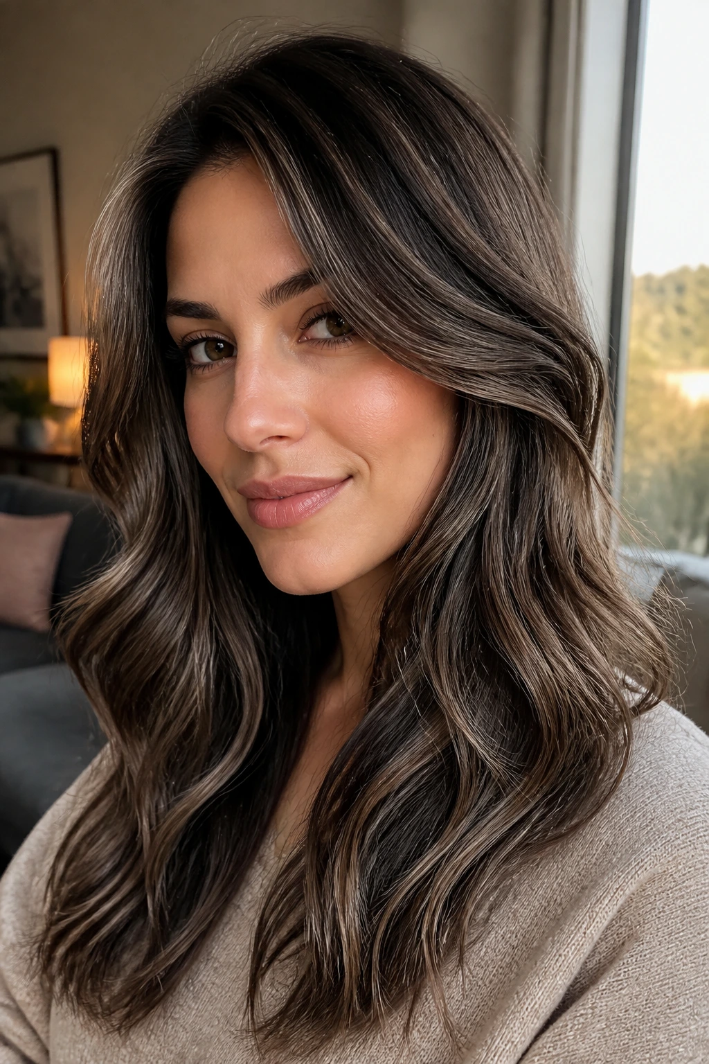 Close-up of brunette hair with charcoal brown lowlights adding depth