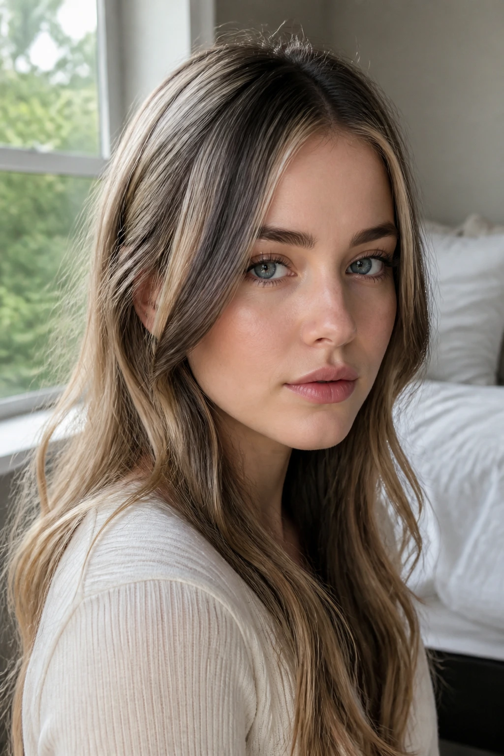 Close-up portrait of a real woman with charcoal brown side pieces framing her face in natural light