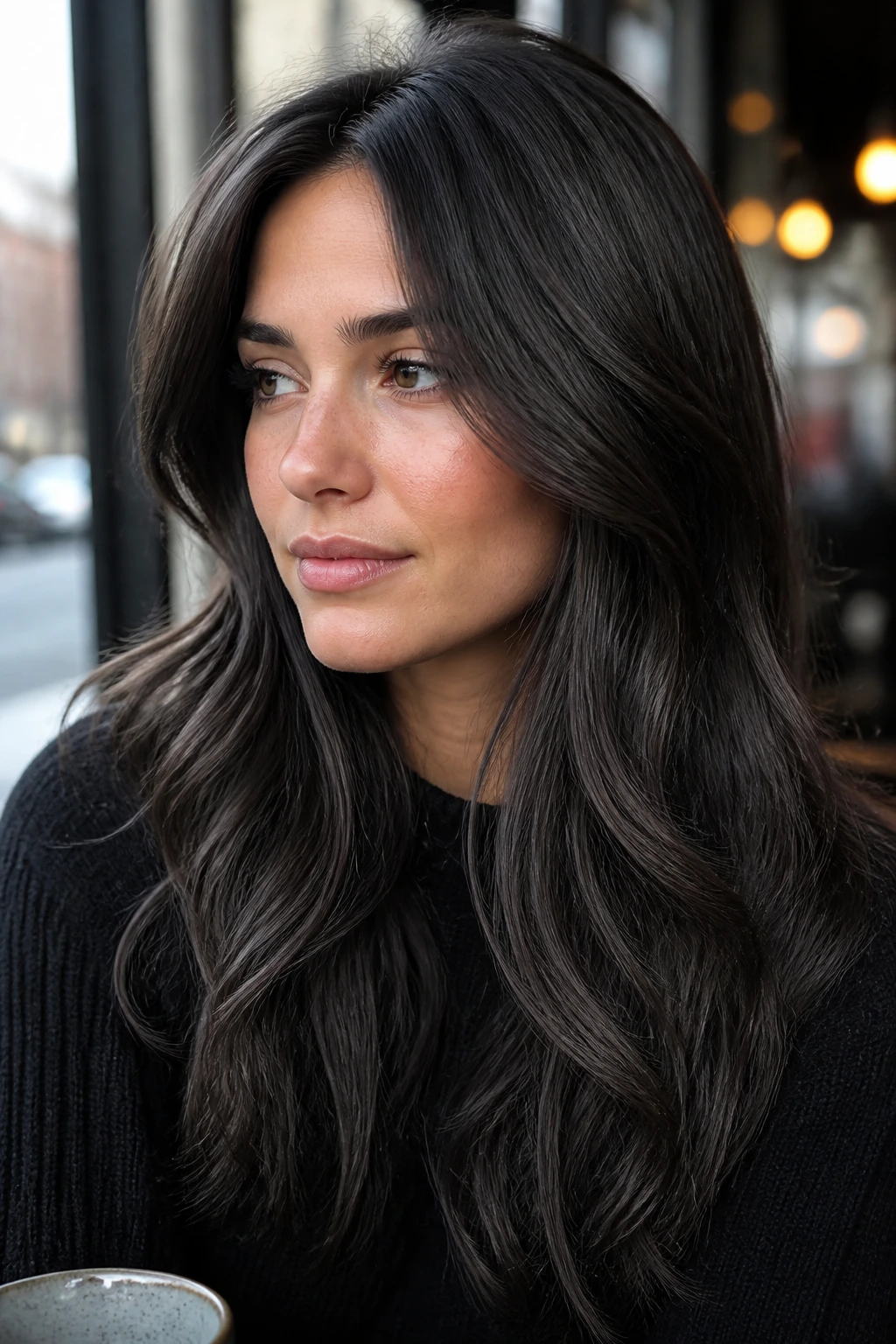 Close-up of a woman with charcoal brunette hair in a graphite shade