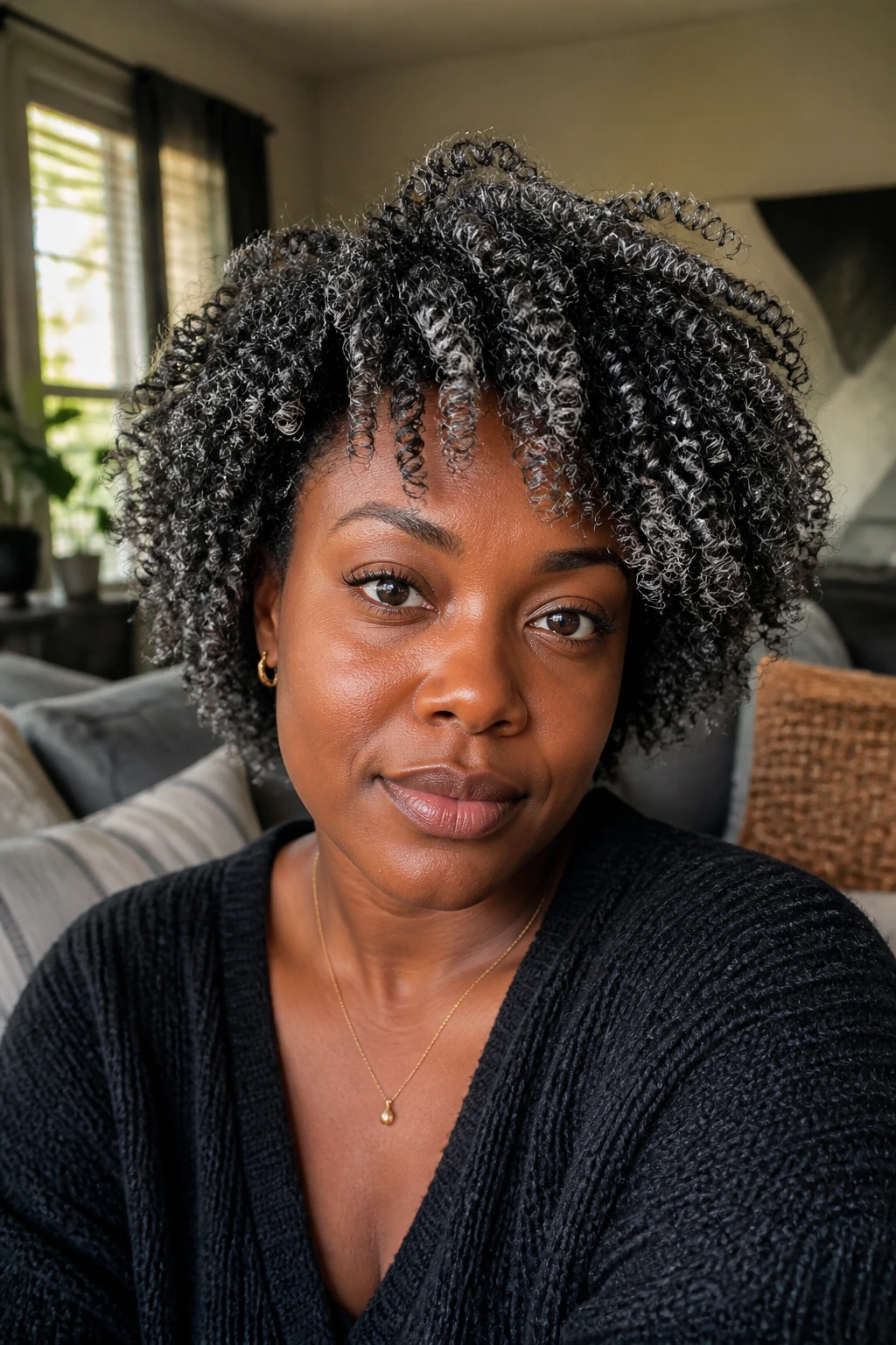 Close-up of defined charcoal coils with silver tips on a real person.