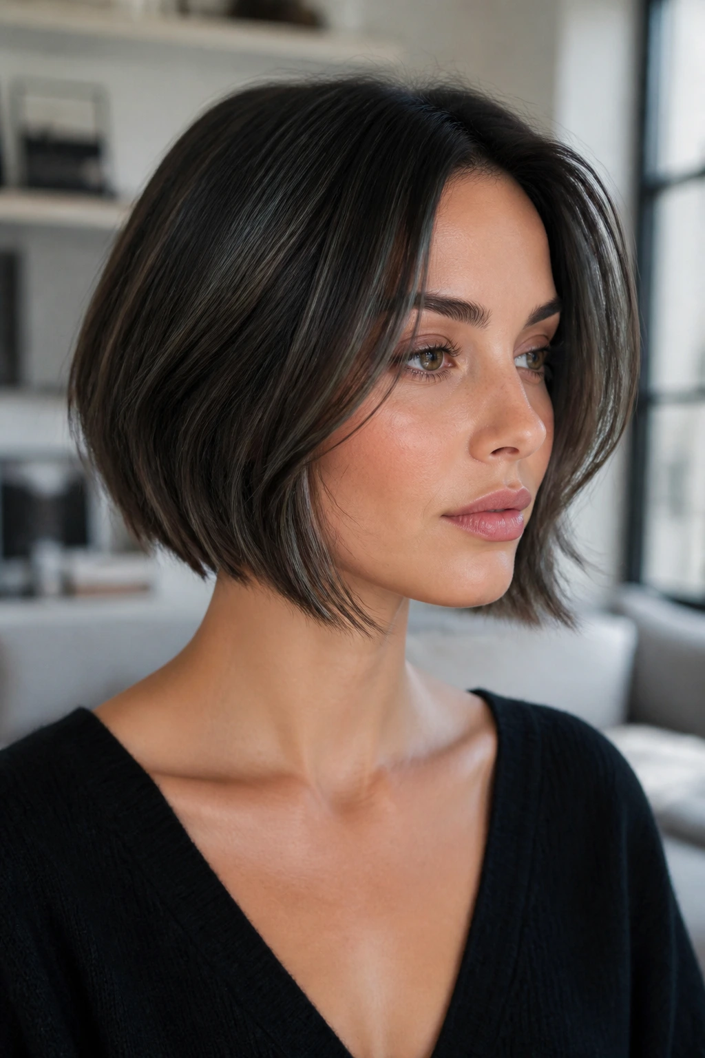 Portrait of a woman with charcoal contour pieces in a brunette bob.