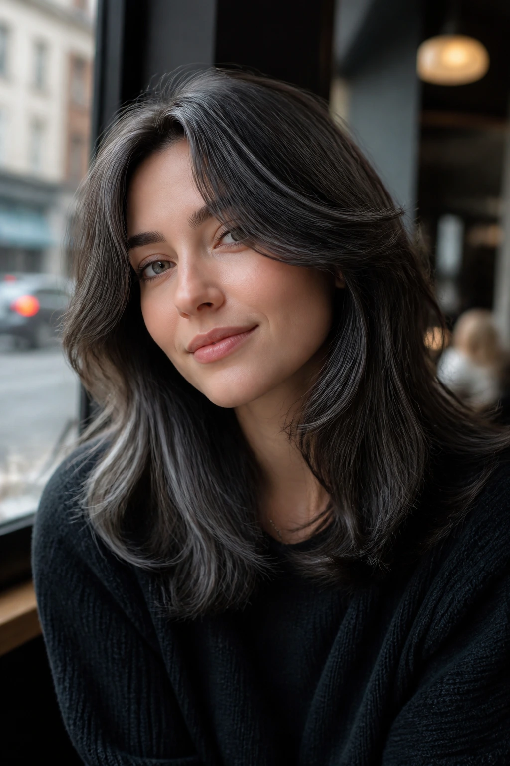 Close-up of a real woman with charcoal curtain fringe framing eyes