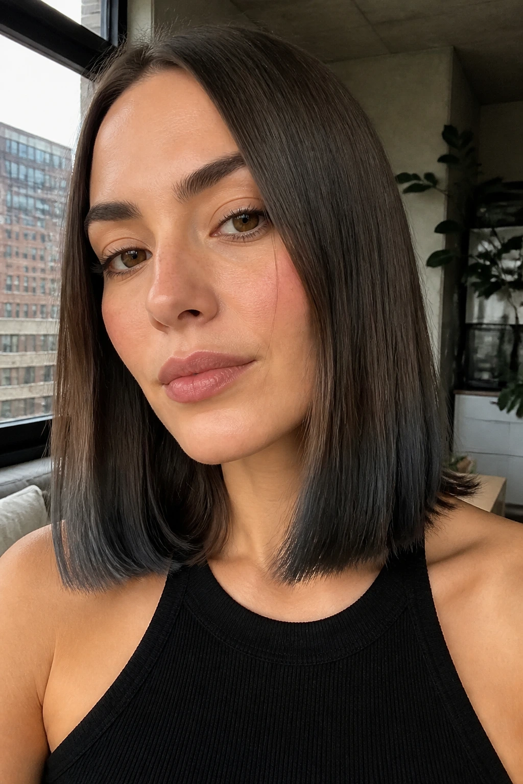Close-up of a real woman with charcoal dip-dye on blunt ends in a city apartment.