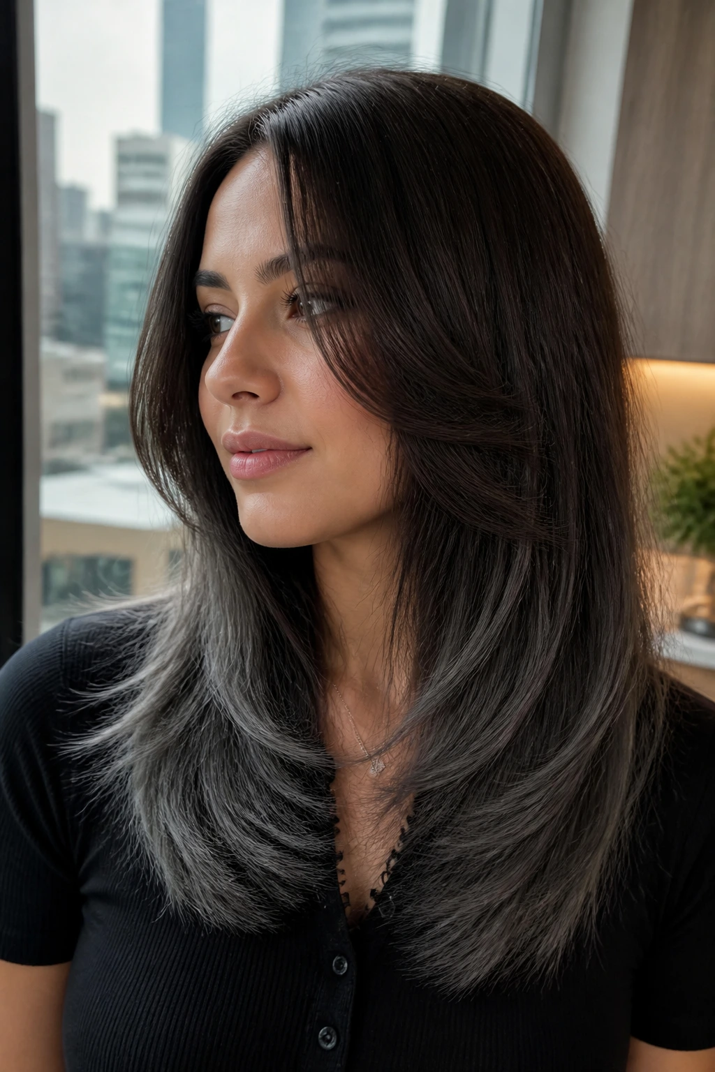 Close-up of a real woman with sleek dark brown hair and charcoal dip-dye ends