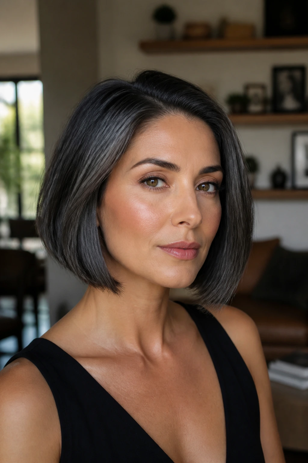 Close-up portrait of a real woman with a charcoal glossed bob on olive skin in a warm living room.