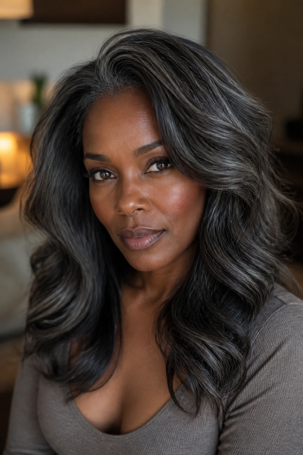 Close-up portrait of a real person with charcoal halo highlights around crown in grey-brown hair.