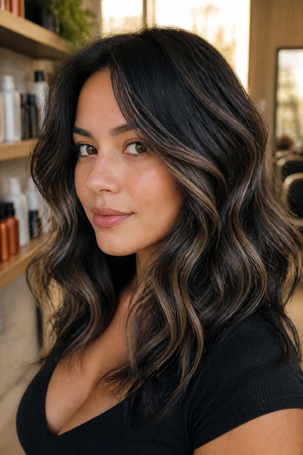 Close-up portrait of a woman with medium skin tone showing charcoal gloss lowlights in beachy waves