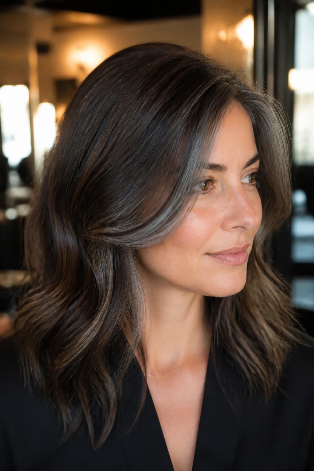 Close-up portrait of a real woman showing a charcoal grey money piece framing the face against brunette hair.