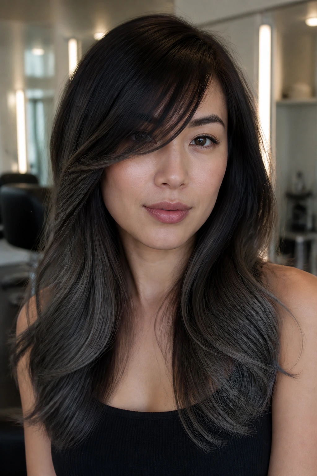 Close-up of a real woman with charcoal ombré hair and side-swept bangs
